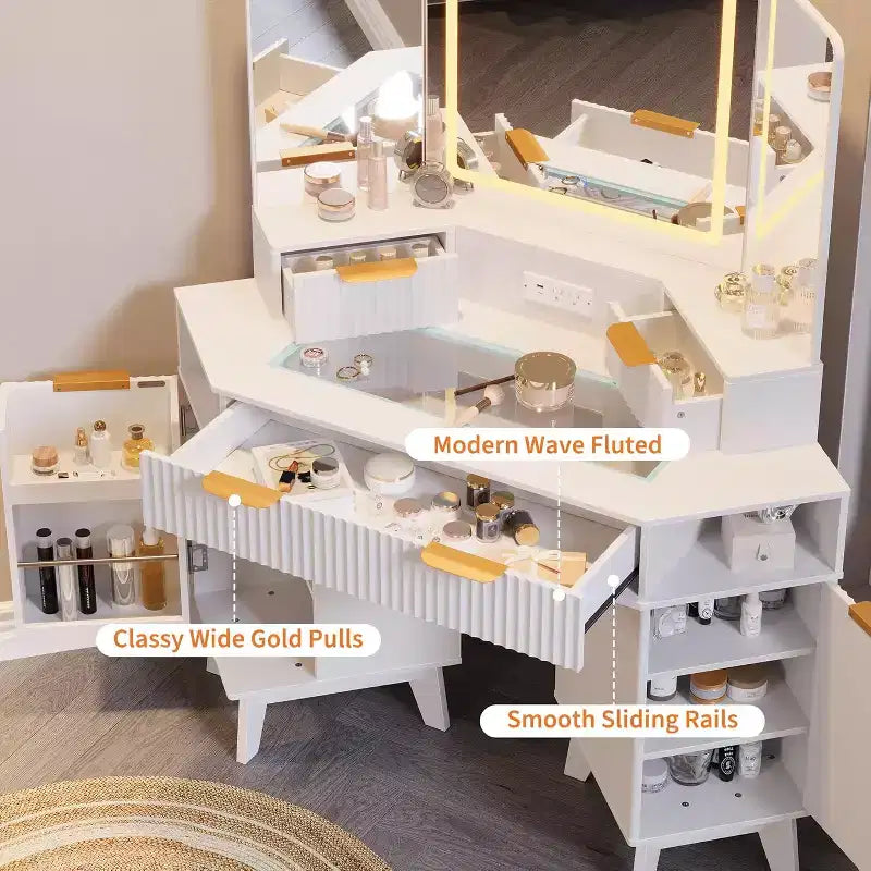 Coiffeuse cannelée de 48 pouces avec miroir et lumières, prise de chargement et miroir lumineux à 3 panneaux