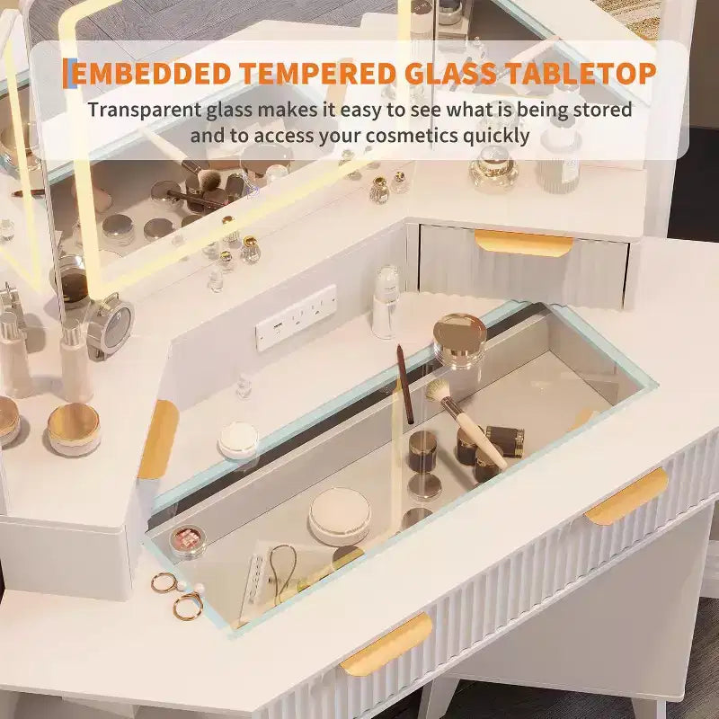 Coiffeuse cannelée de 48 pouces avec miroir et lumières, prise de chargement et miroir lumineux à 3 panneaux