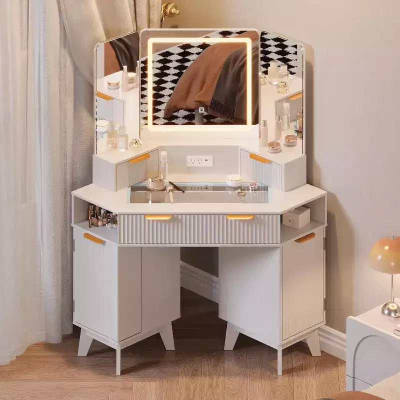Coiffeuse cannelée de 48 pouces avec miroir et lumières, prise de chargement et miroir lumineux à 3 panneaux