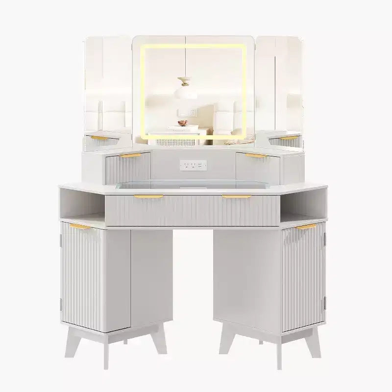 Coiffeuse cannelée de 48 pouces avec miroir et lumières, prise de chargement et miroir lumineux à 3 panneaux