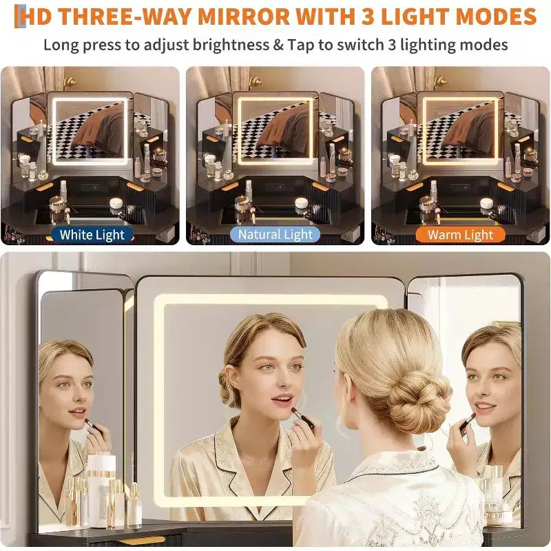 Coiffeuse cannelée de 48 pouces avec miroir et lumières, prise de chargement et miroir lumineux à 3 panneaux