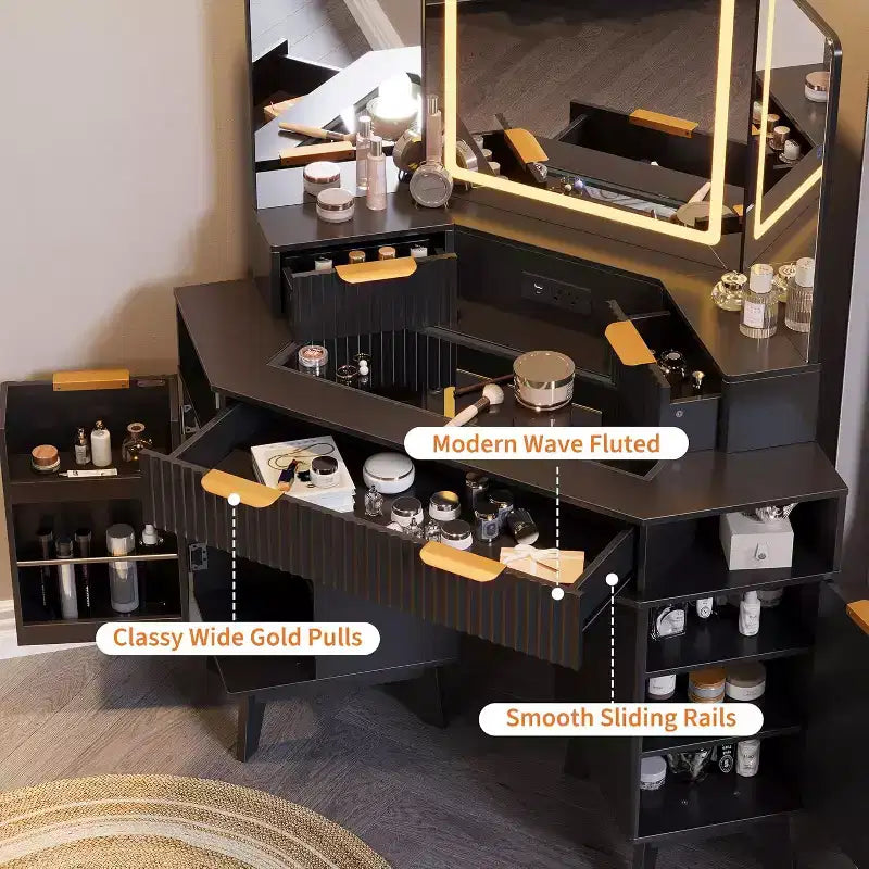 Coiffeuse cannelée de 48 pouces avec miroir et lumières, prise de chargement et miroir lumineux à 3 panneaux