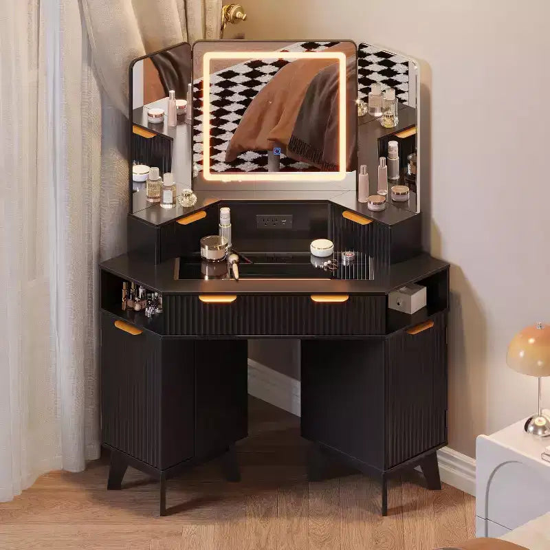 Coiffeuse cannelée de 48 pouces avec miroir et lumières, prise de chargement et miroir lumineux à 3 panneaux
