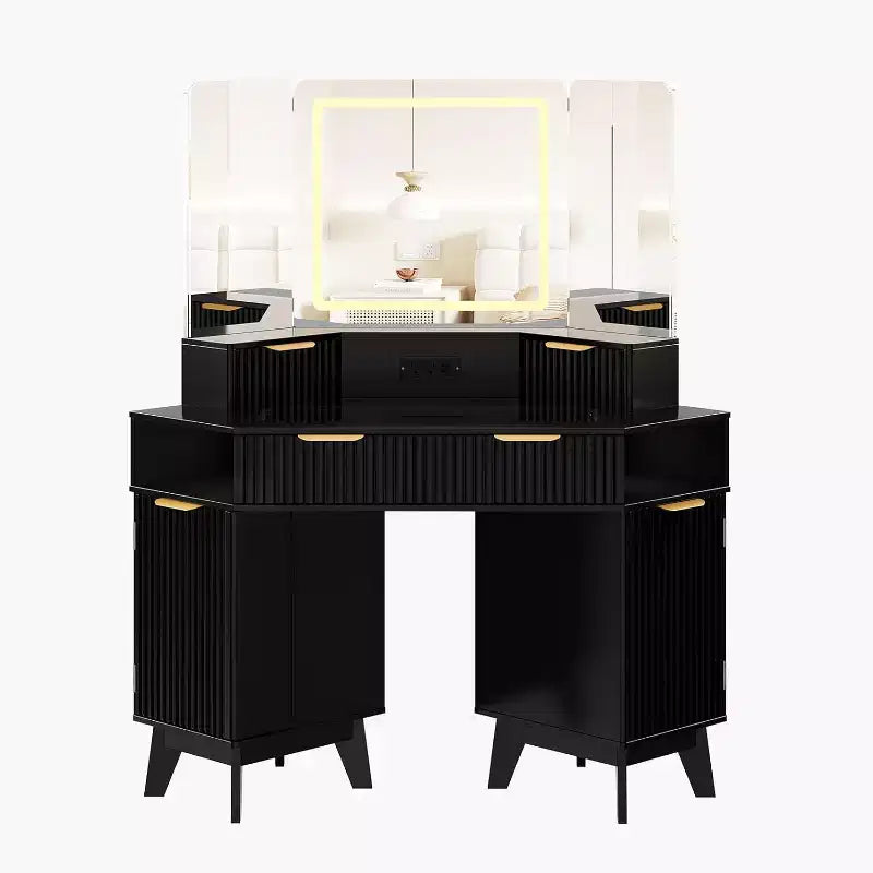 Coiffeuse cannelée de 48 pouces avec miroir et lumières, prise de chargement et miroir lumineux à 3 panneaux