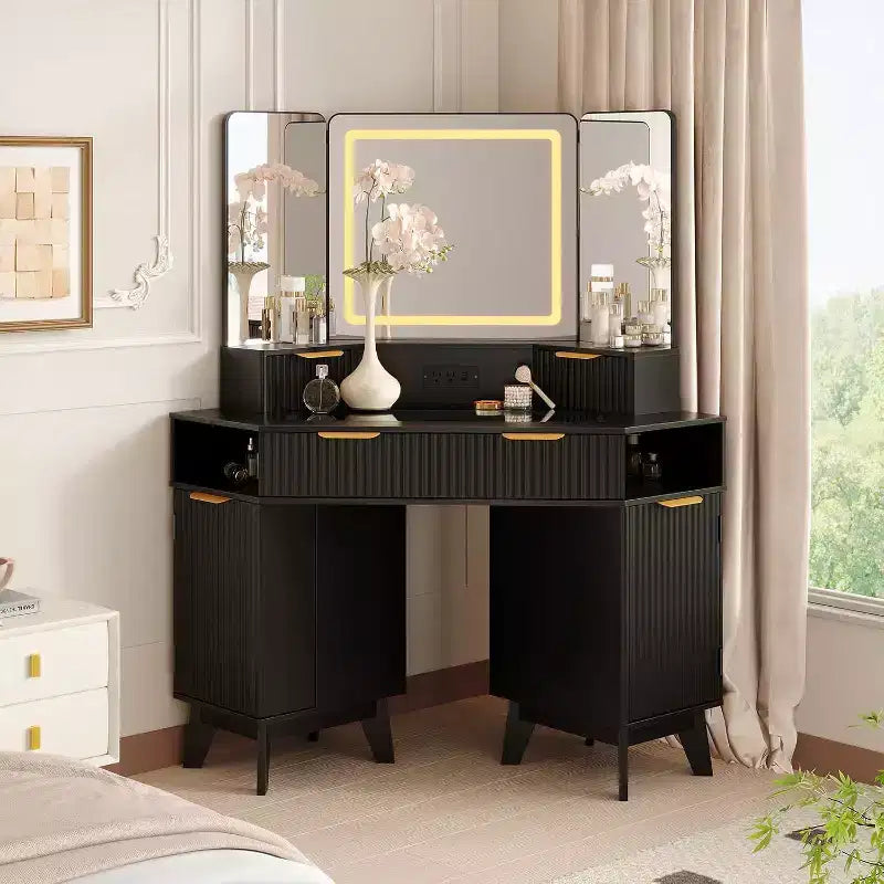 48 Inch Fluted Makeup Vanity Desk with Mirror and Lights, Charging Outlet & 3-Panel Lighted Mirror, Dressing Table for Bedroom