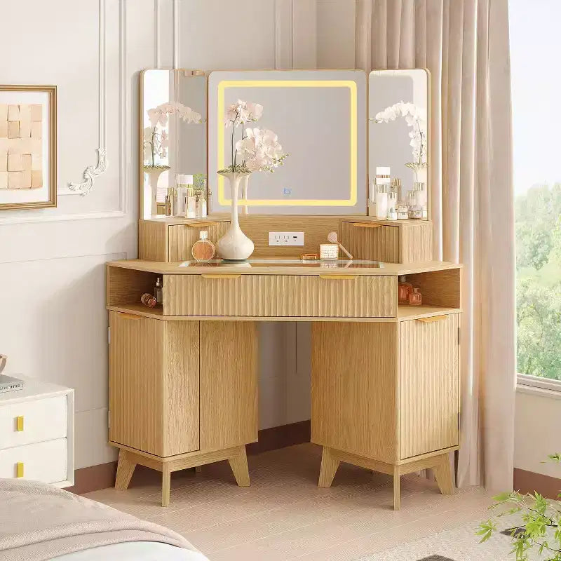 Coiffeuse cannelée de 48 pouces avec miroir et lumières, prise de chargement et miroir lumineux à 3 panneaux