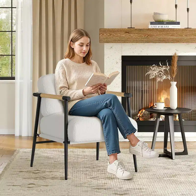 Fauteuil d'appoint moderne, Fauteuil de lecture confortable rembourré en tissu peluche 420g, avec coussin en mousse à ressort, pour chambre et salon, Blanc