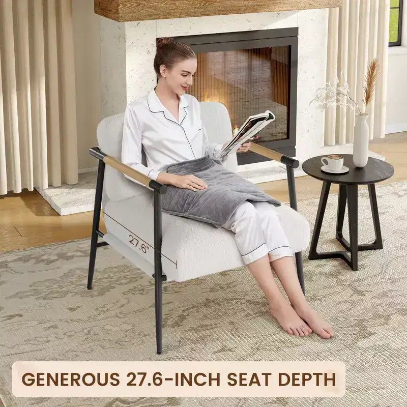 Fauteuil d'appoint moderne, Fauteuil de lecture confortable rembourré en tissu peluche 420g, avec coussin en mousse à ressort, pour chambre et salon, Blanc