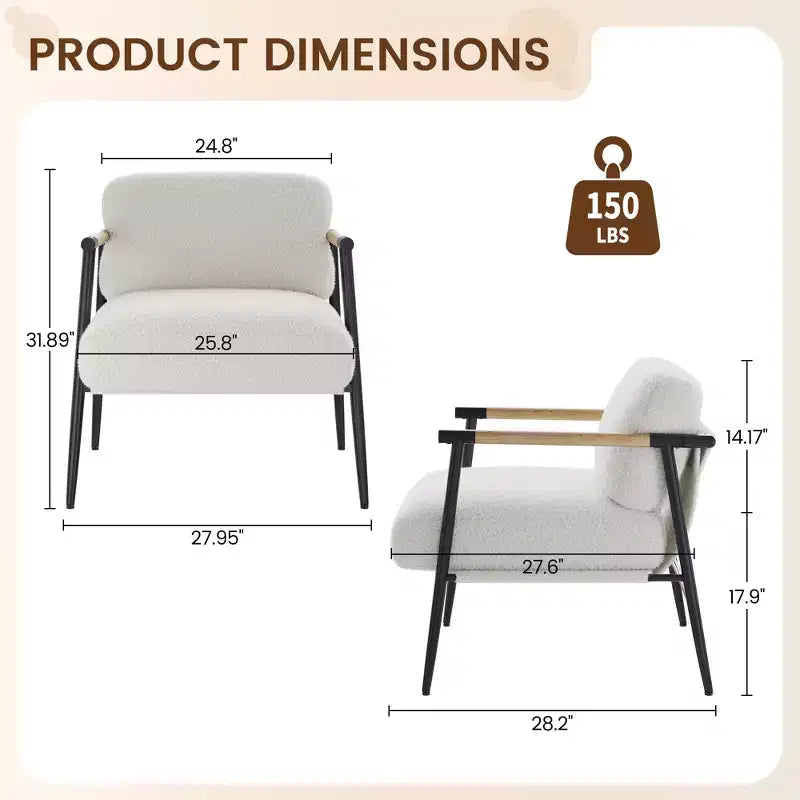 Fauteuil d'appoint moderne, Fauteuil de lecture confortable rembourré en tissu peluche 420g, avec coussin en mousse à ressort, pour chambre et salon, Blanc