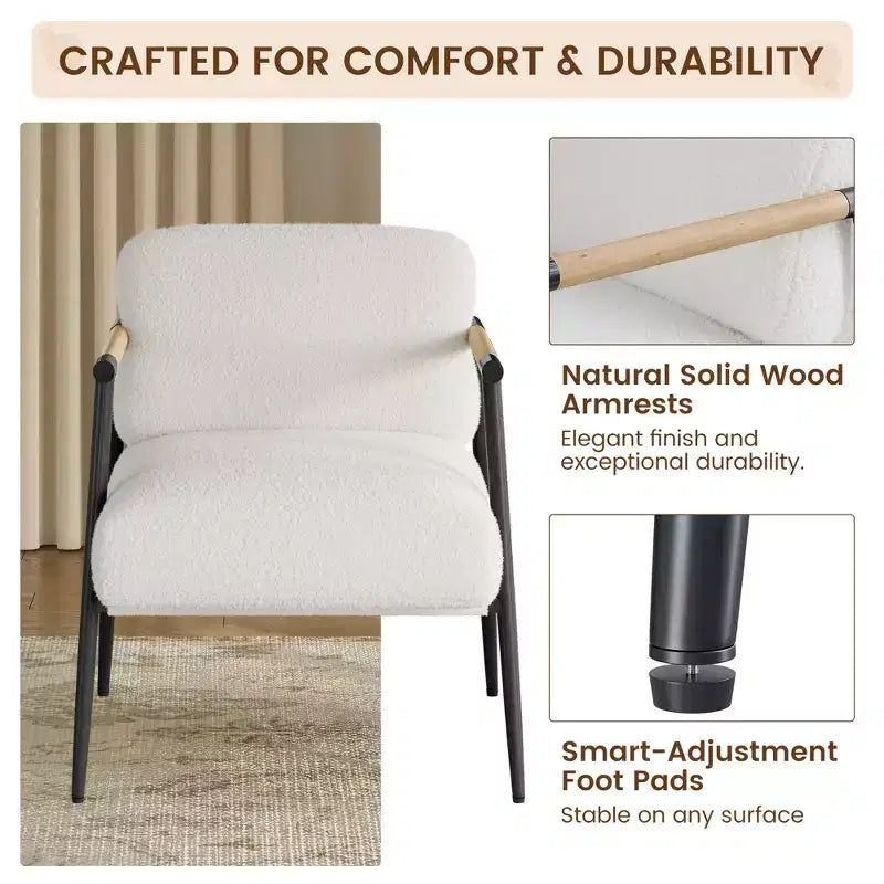 Fauteuil d'appoint moderne, Fauteuil de lecture confortable rembourré en tissu peluche 420g, avec coussin en mousse à ressort, pour chambre et salon, Blanc