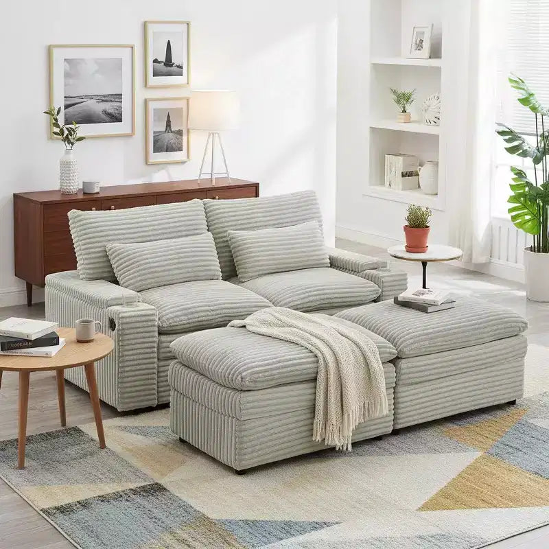 Canapé Polibi en Velours Côtelé avec Deux Poufs Amovibles