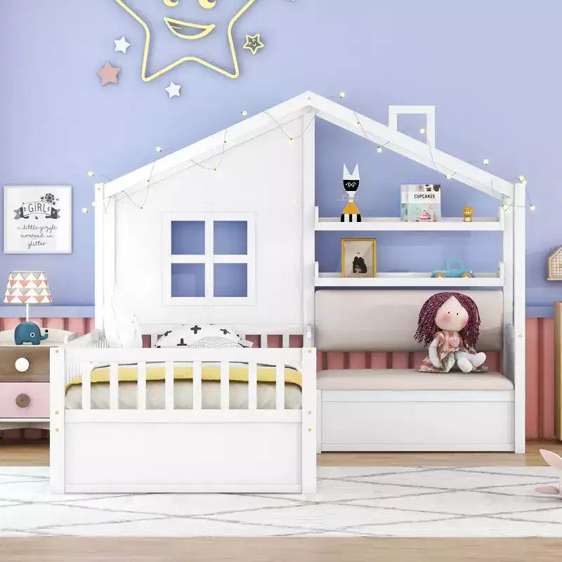 Bellemave Twin Size House Bed with Sofa, Kids Platform Bed with Two Drawers and Storage Shelf, White