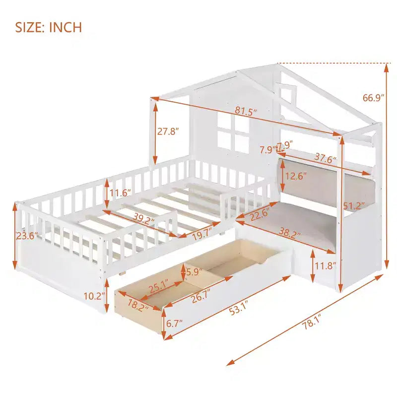 Lit cabane double avec canapé, lit plateforme pour enfants avec deux tiroirs et étagère de rangement, blanc