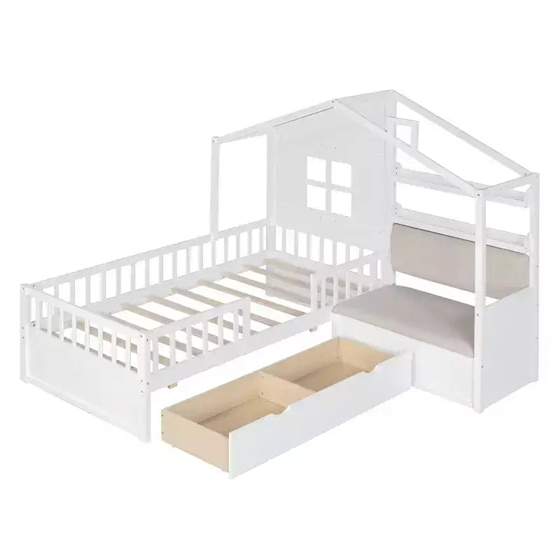 Lit cabane double avec canapé, lit plateforme pour enfants avec deux tiroirs et étagère de rangement, blanc