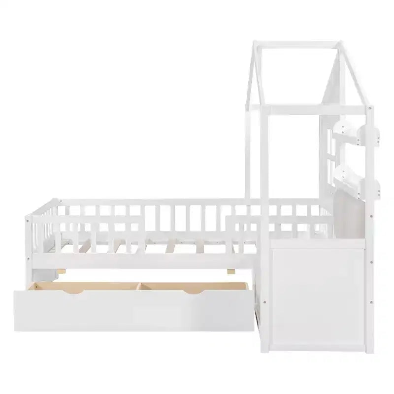 Lit cabane double avec canapé, lit plateforme pour enfants avec deux tiroirs et étagère de rangement, blanc
