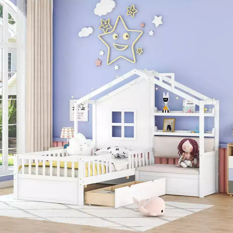 Lit cabane double avec canapé, lit plateforme pour enfants avec deux tiroirs et étagère de rangement, blanc