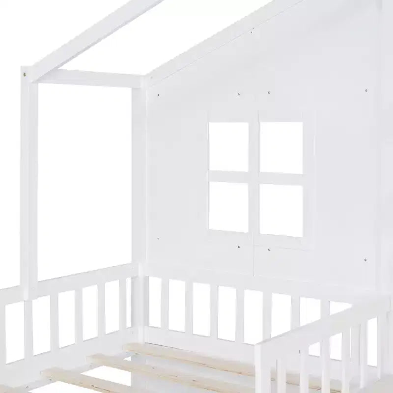 Lit cabane double avec canapé, lit plateforme pour enfants avec deux tiroirs et étagère de rangement, blanc