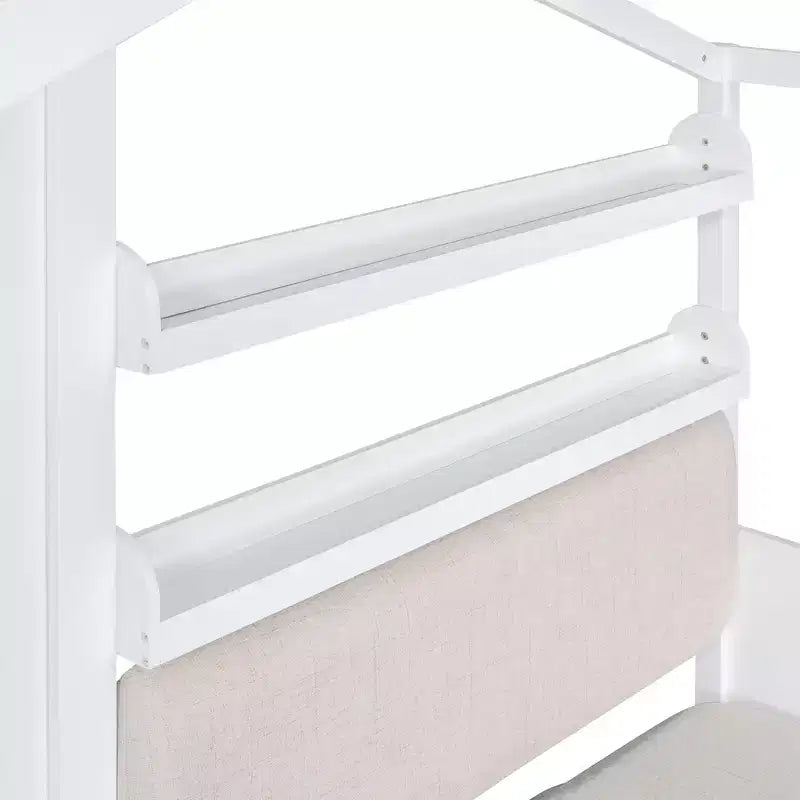 Lit cabane double avec canapé, lit plateforme pour enfants avec deux tiroirs et étagère de rangement, blanc