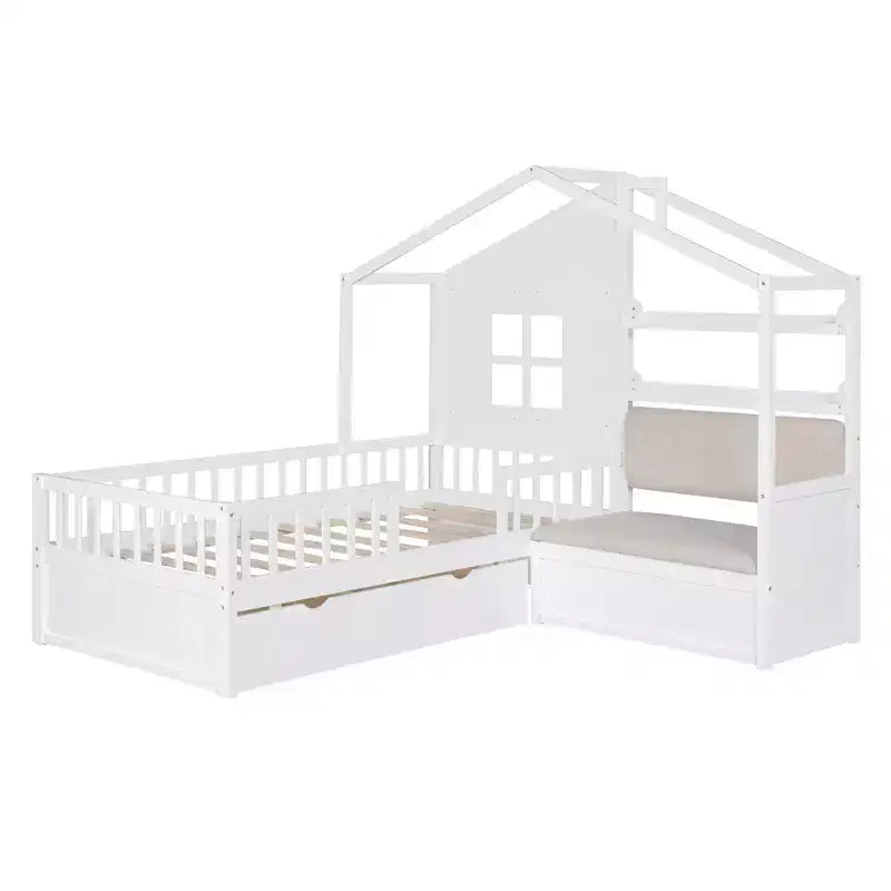 Lit cabane double avec canapé, lit plateforme pour enfants avec deux tiroirs et étagère de rangement, blanc