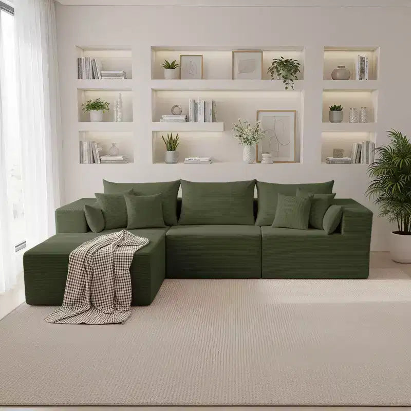 105.51 en velours côtelé sectionnel modulaire en forme de L avec pouf