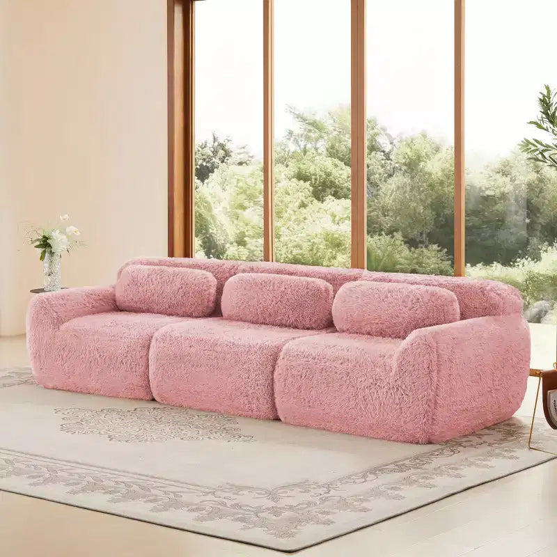 Canapé sectionnel de 114 po en tissu peluche marron avec oreillers (Connexion à boucle)