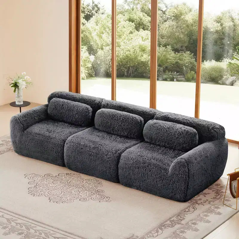 Canapé sectionnel de 114 po en tissu peluche marron avec oreillers (Connexion à boucle)