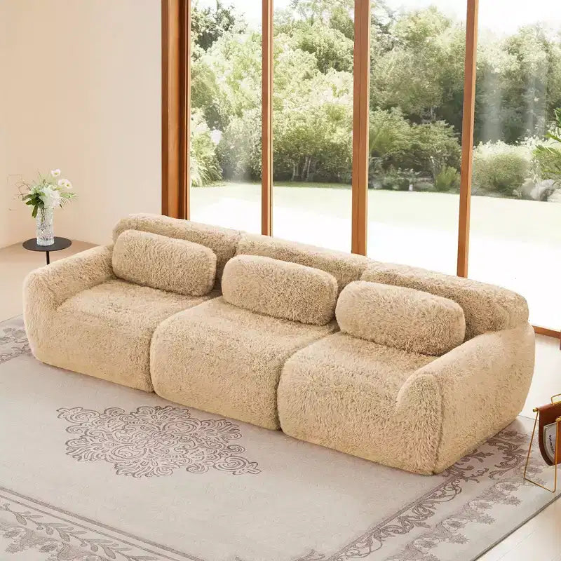 Canapé sectionnel de 114 po en tissu peluche marron avec oreillers (Connexion à boucle)