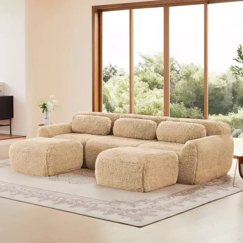 Canapé d'angle en U marron sans accoudoirs de 291 cm avec coussins décoratifs et 2 poufs, éponge haute densité 32D, pour salons