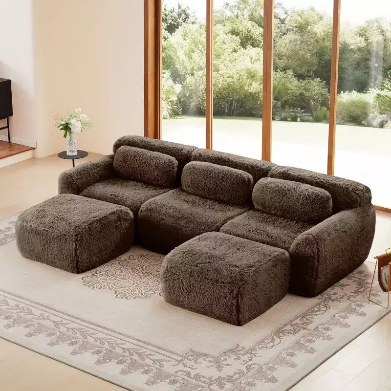 114.6 inch Brown U-shaped Boneless Sectional Sofa with Throw Pillows and 2 Ottomans 32D High Density Sponge for Living Rooms
