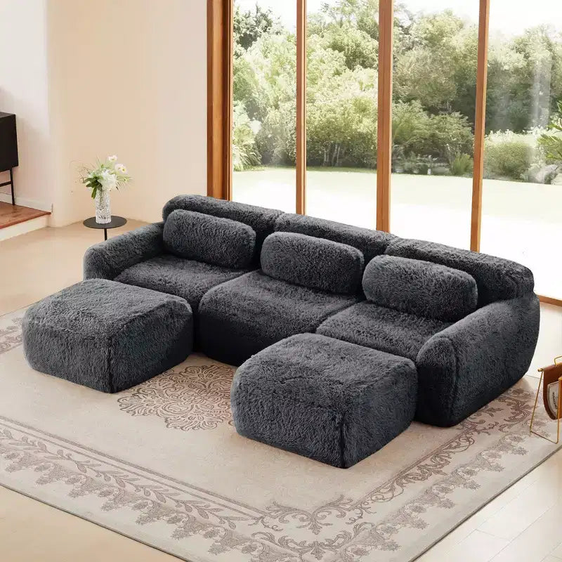 Canapé d'angle en U marron sans accoudoirs de 291 cm avec coussins décoratifs et 2 poufs, éponge haute densité 32D, pour salons