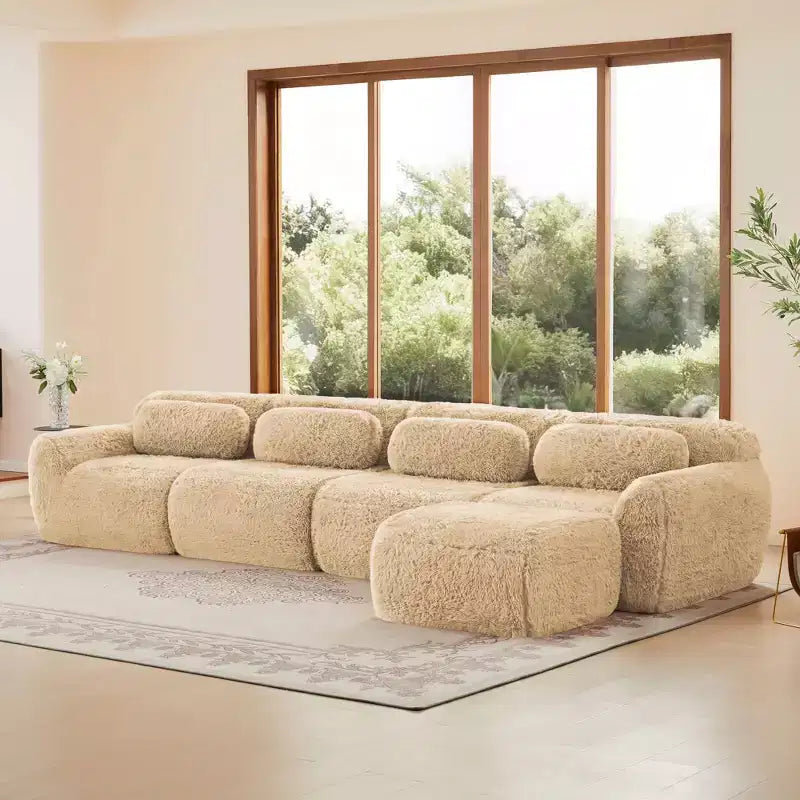 Canapé sectionnel d'angle en tissu peluche kaki clair de 149 pouces avec oreillers et pouf (connexion à boucle)