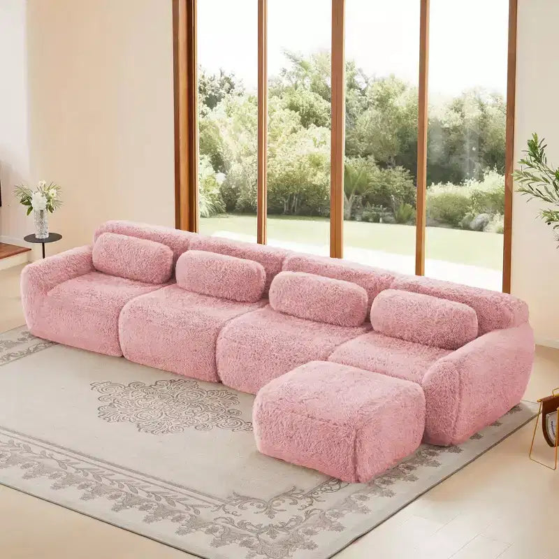 Canapé sectionnel d'angle en tissu peluche kaki clair de 149 pouces avec oreillers et pouf (connexion à boucle)