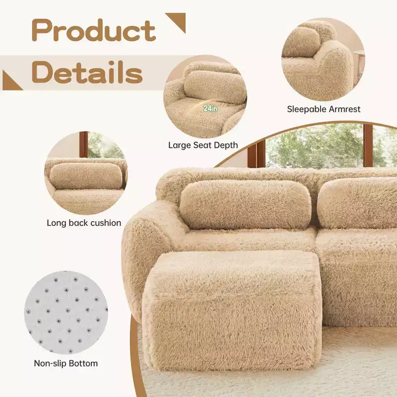 Canapé d'angle sans accoudoirs en tissu peluche marron de 149 pouces avec coussins pour salons (connexion par boucle)