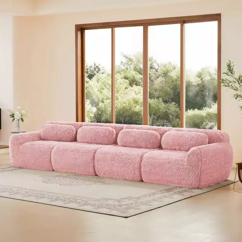 Canapé d'angle sans accoudoirs en tissu peluche marron de 149 pouces avec coussins pour salons (connexion par boucle)