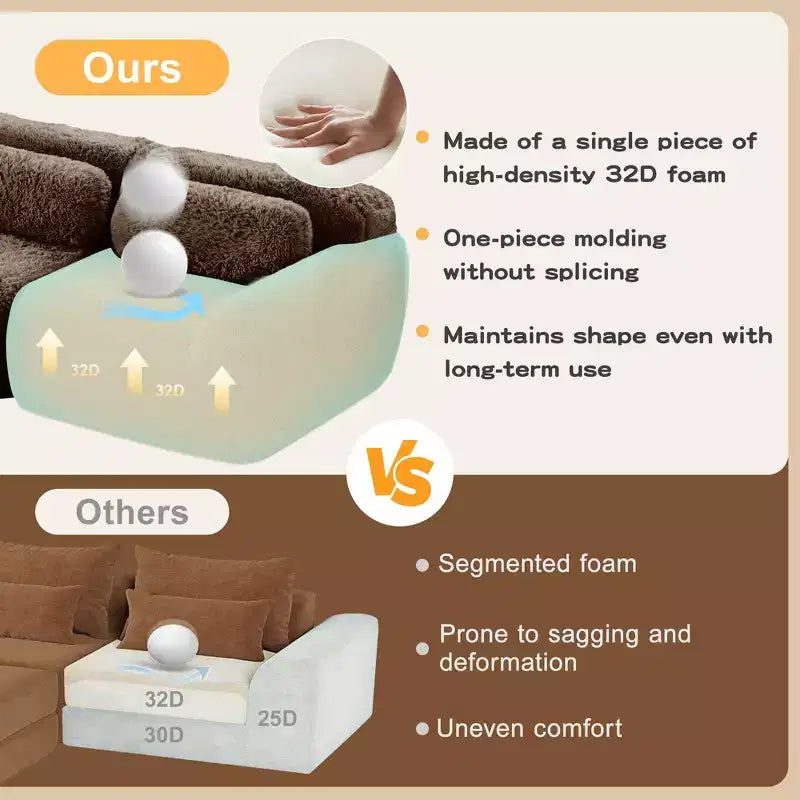 Canapé d'angle sans accoudoirs en tissu peluche marron de 149 pouces avec coussins pour salons (connexion par boucle)
