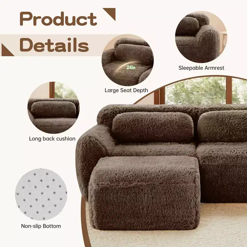 Canapé d'angle sans accoudoirs en tissu peluche marron de 149 pouces avec coussins pour salons (connexion par boucle)