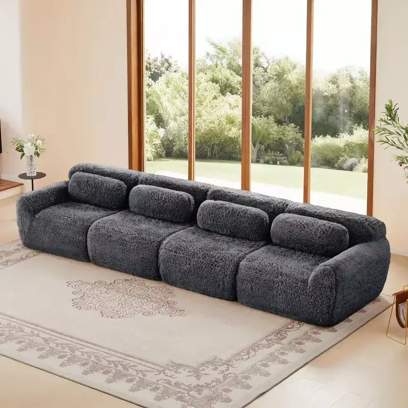 Canapé d'angle sans accoudoirs en tissu peluche marron de 149 pouces avec coussins pour salons (connexion par boucle)