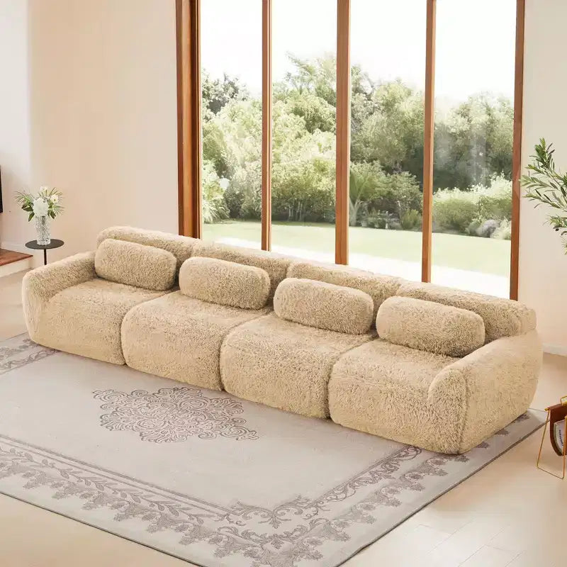 Canapé d'angle sans accoudoirs en tissu peluche marron de 149 pouces avec coussins pour salons (connexion par boucle)