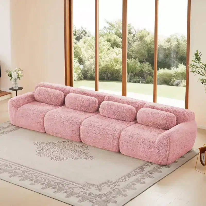 Canapé d'angle sans accoudoirs en tissu peluche marron de 149 pouces avec coussins pour salons (connexion par boucle)