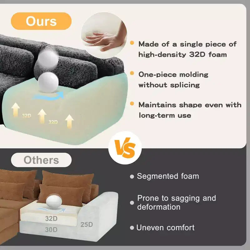 Canapés sectionnels sans accoudoirs en tissu peluche en forme de U, couleur Kaki Clair, 149 pouces, avec coussins décoratifs et 2 poufs (Connexion par boucles)