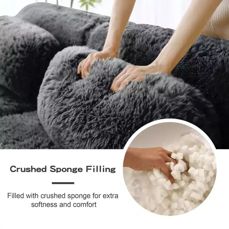 Canapés sectionnels sans accoudoirs en tissu peluche en forme de U, couleur Kaki Clair, 149 pouces, avec coussins décoratifs et 2 poufs (Connexion par boucles)