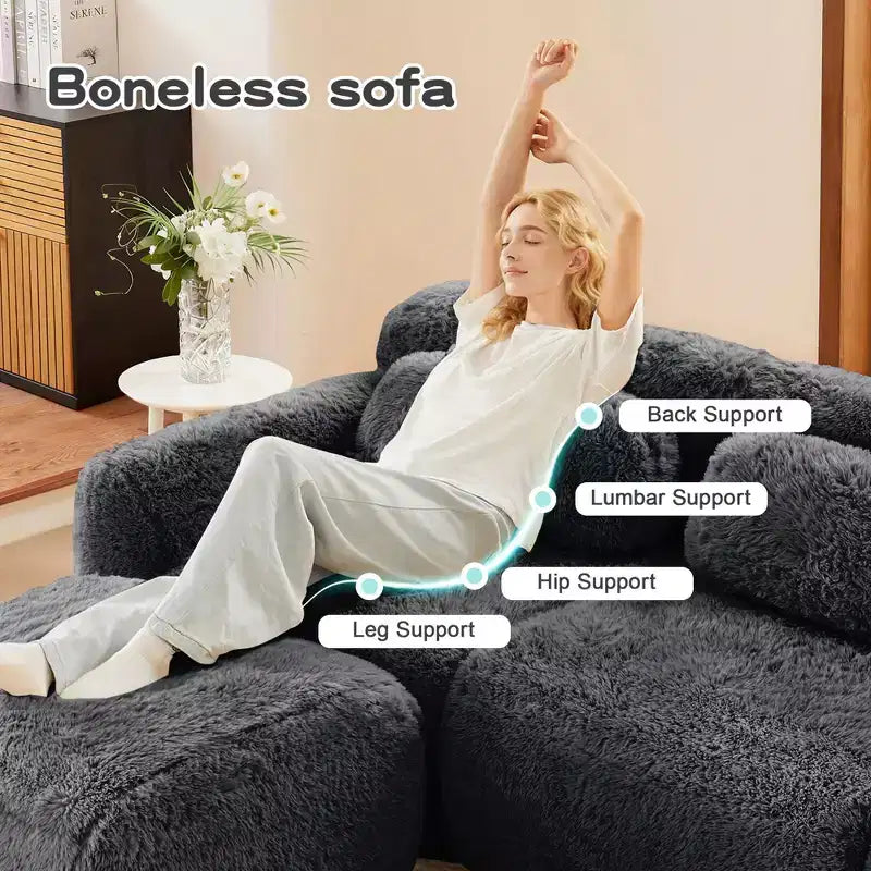 Canapés sectionnels sans accoudoirs en tissu peluche en forme de U, couleur Kaki Clair, 149 pouces, avec coussins décoratifs et 2 poufs (Connexion par boucles)