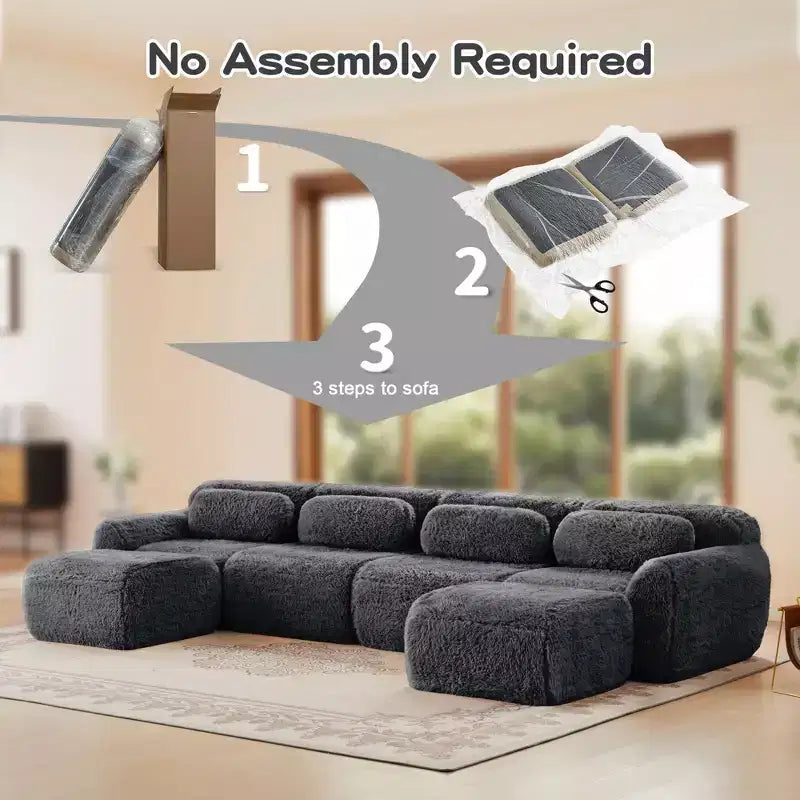 Canapés sectionnels sans accoudoirs en tissu peluche en forme de U, couleur Kaki Clair, 149 pouces, avec coussins décoratifs et 2 poufs (Connexion par boucles)