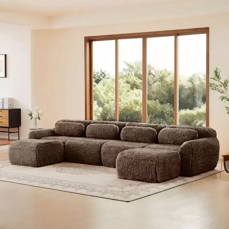 Canapés sectionnels sans accoudoirs en tissu peluche en forme de U, couleur Kaki Clair, 149 pouces, avec coussins décoratifs et 2 poufs (Connexion par boucles)