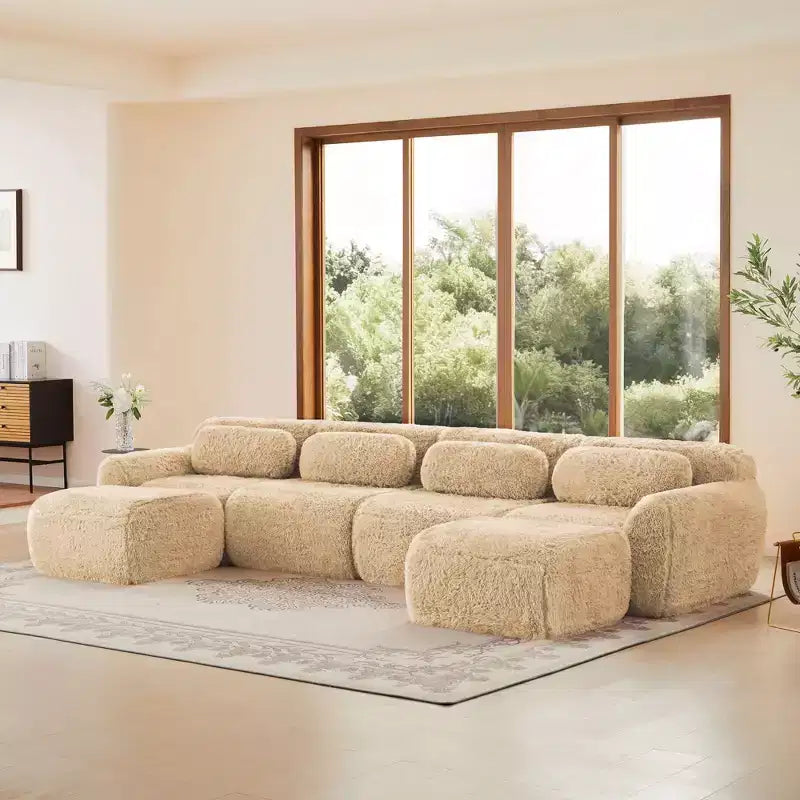 Canapés sectionnels sans accoudoirs en tissu peluche en forme de U, couleur Kaki Clair, 149 pouces, avec coussins décoratifs et 2 poufs (Connexion par boucles)