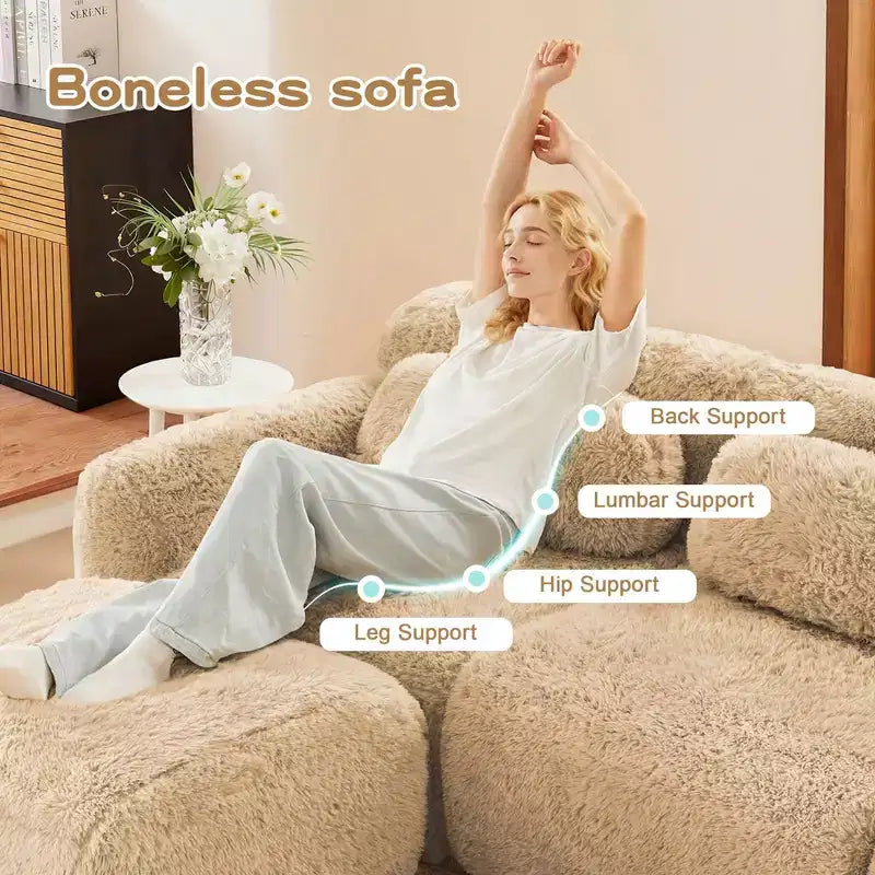 Canapés sectionnels sans accoudoirs en tissu peluche en forme de U, couleur Kaki Clair, 149 pouces, avec coussins décoratifs et 2 poufs (Connexion par boucles)