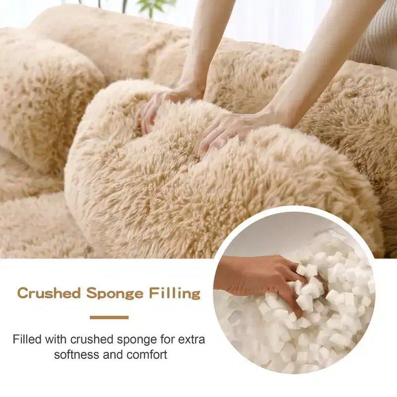 Canapés sectionnels sans accoudoirs en tissu peluche en forme de U, couleur Kaki Clair, 149 pouces, avec coussins décoratifs et 2 poufs (Connexion par boucles)