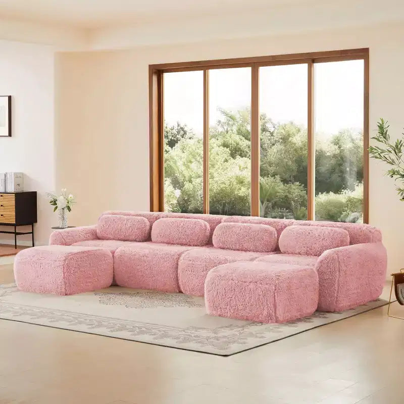 Canapés sectionnels sans accoudoirs en tissu peluche en forme de U, couleur Kaki Clair, 149 pouces, avec coussins décoratifs et 2 poufs (Connexion par boucles)