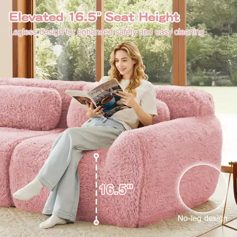 Canapés sectionnels sans accoudoirs en tissu peluche en forme de U, couleur Kaki Clair, 149 pouces, avec coussins décoratifs et 2 poufs (Connexion par boucles)