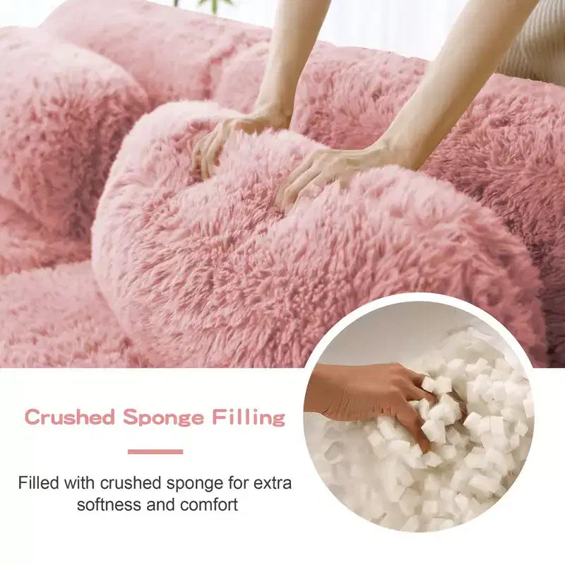 Canapés sectionnels sans accoudoirs en tissu peluche en forme de U, couleur Kaki Clair, 149 pouces, avec coussins décoratifs et 2 poufs (Connexion par boucles)